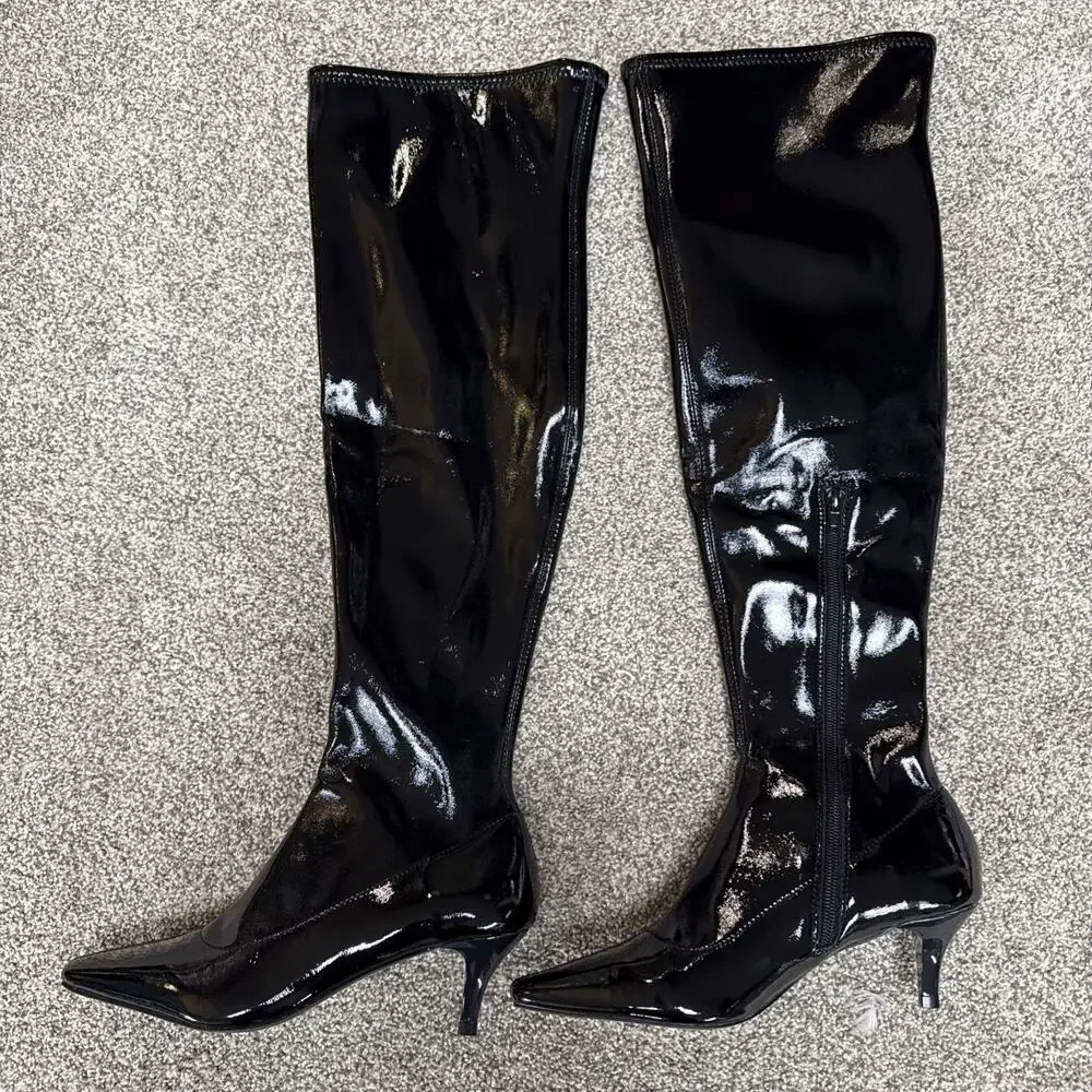 Abound Women’s Black Patent Over the Knee Carmy Boots Kitten Heel Sz 7 NWOB - Picture 2 of 10